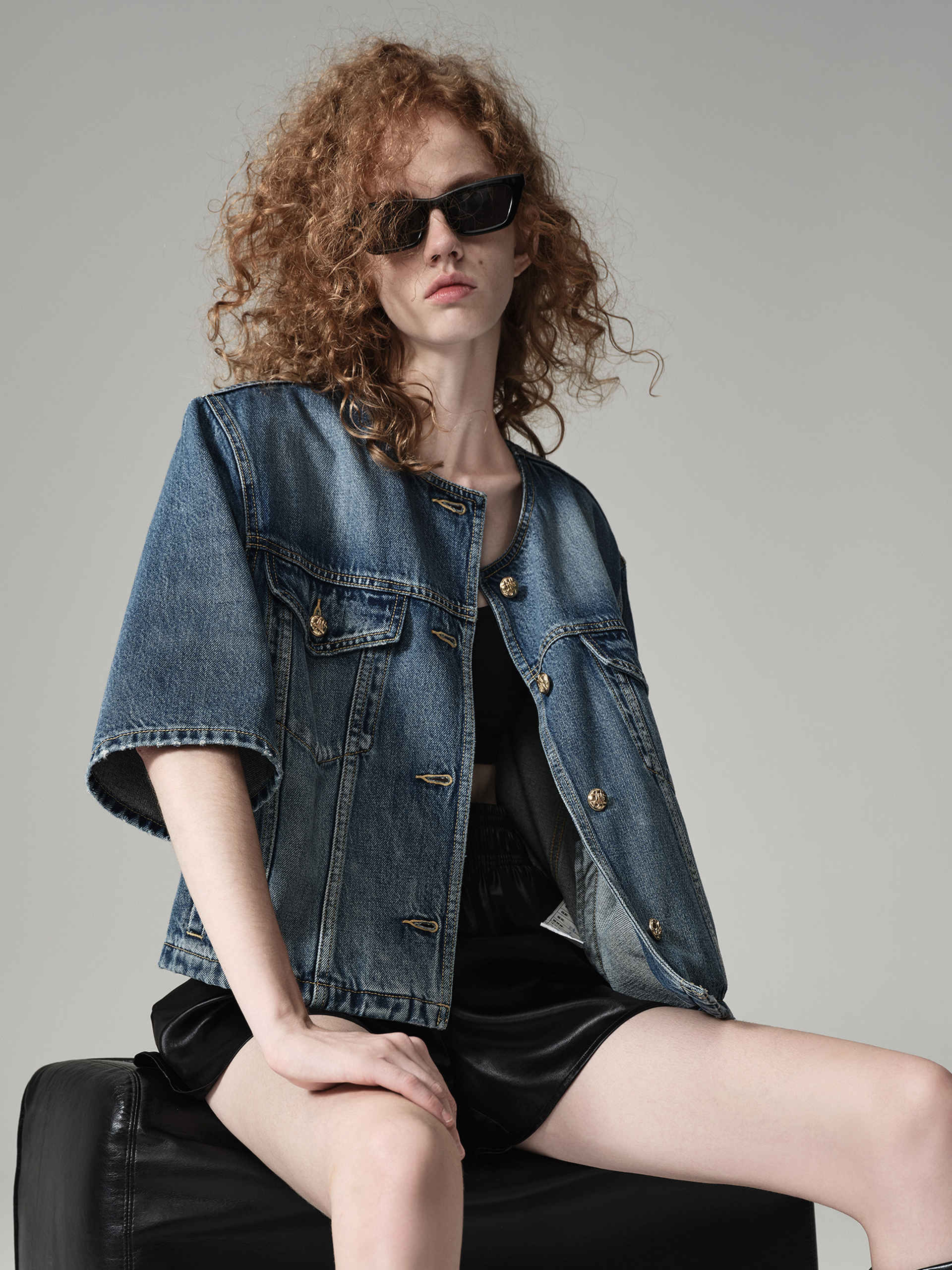 Collarless Denim Jacket - Image 3