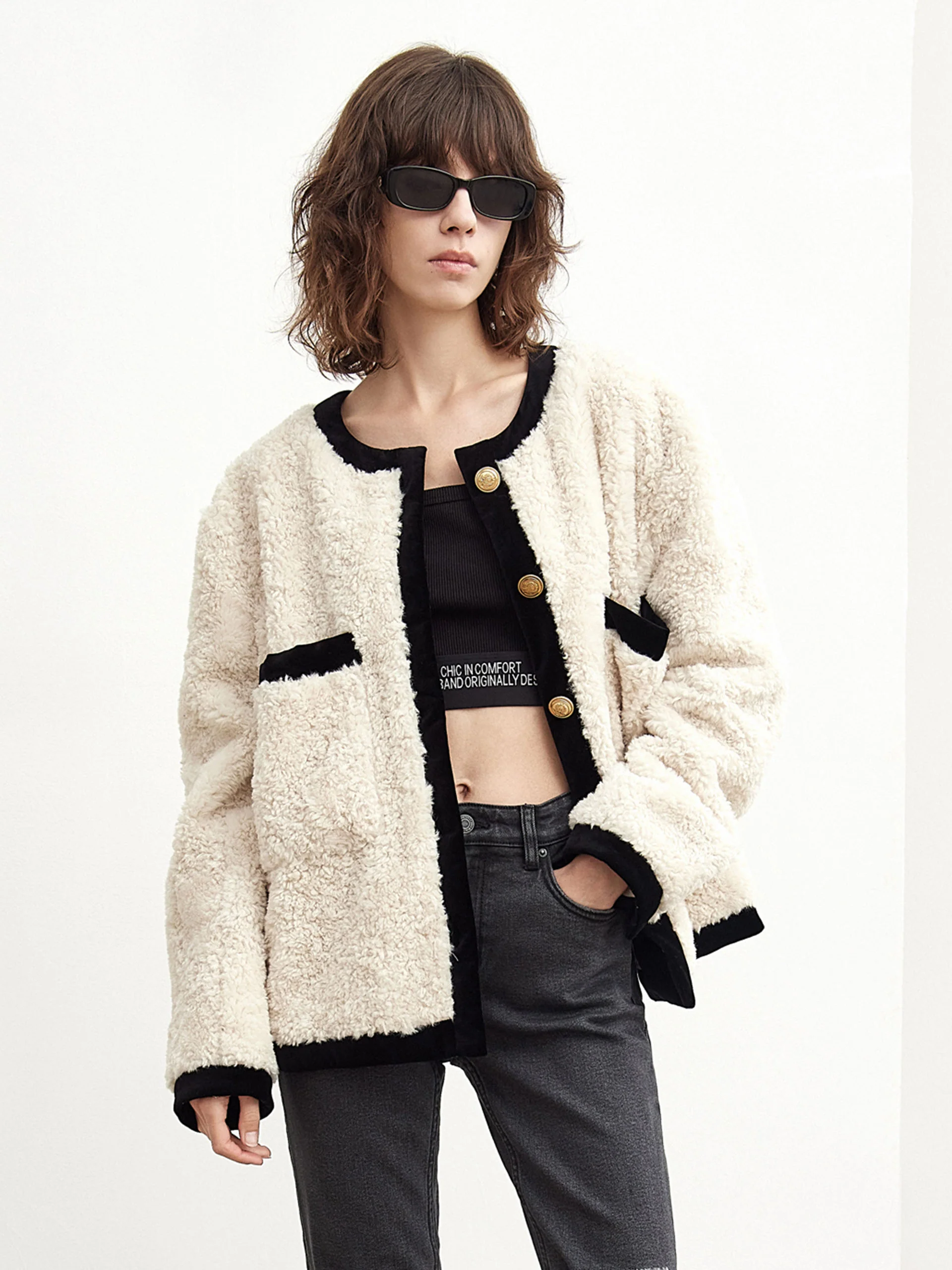 Contrast Textured Collarless Jacket - Image 6