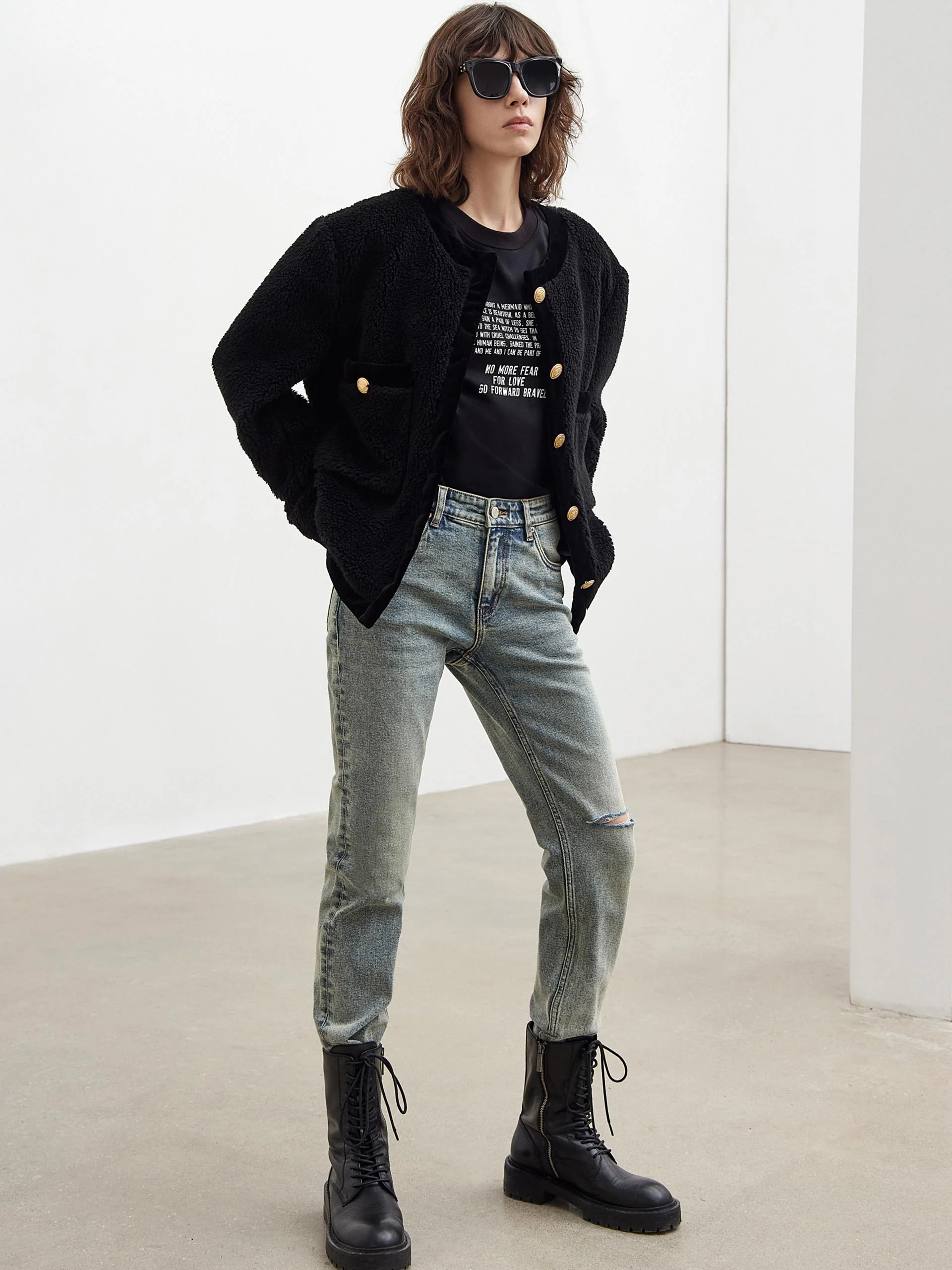 Contrast Textured Collarless Jacket - Image 8