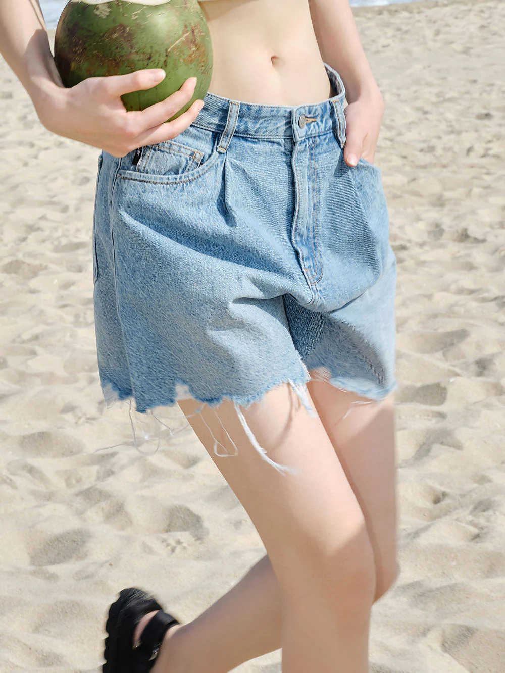 Cotton High Waist Denim Shorts - Image 6