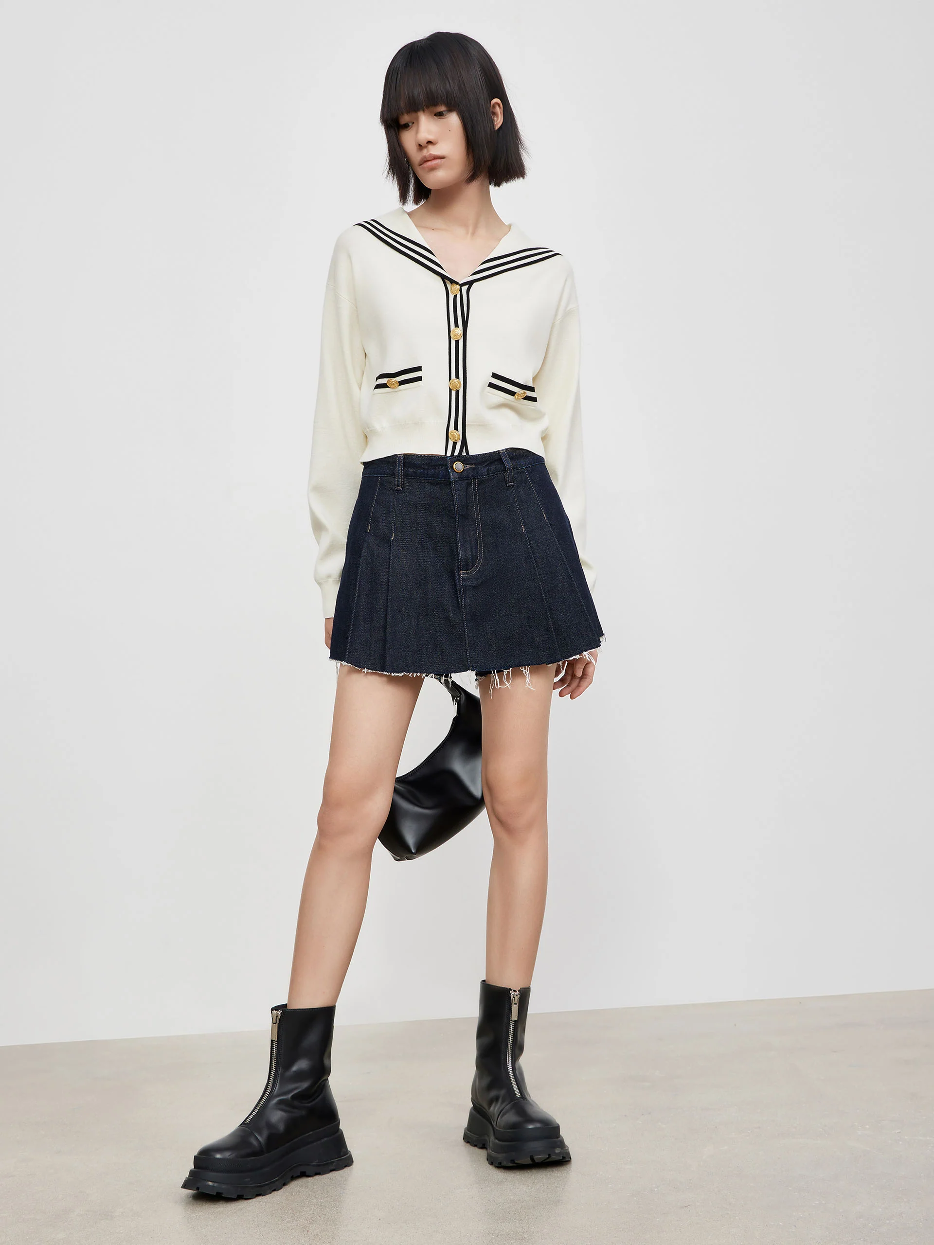 High Waist Pleated Denim Culottes - Image 3