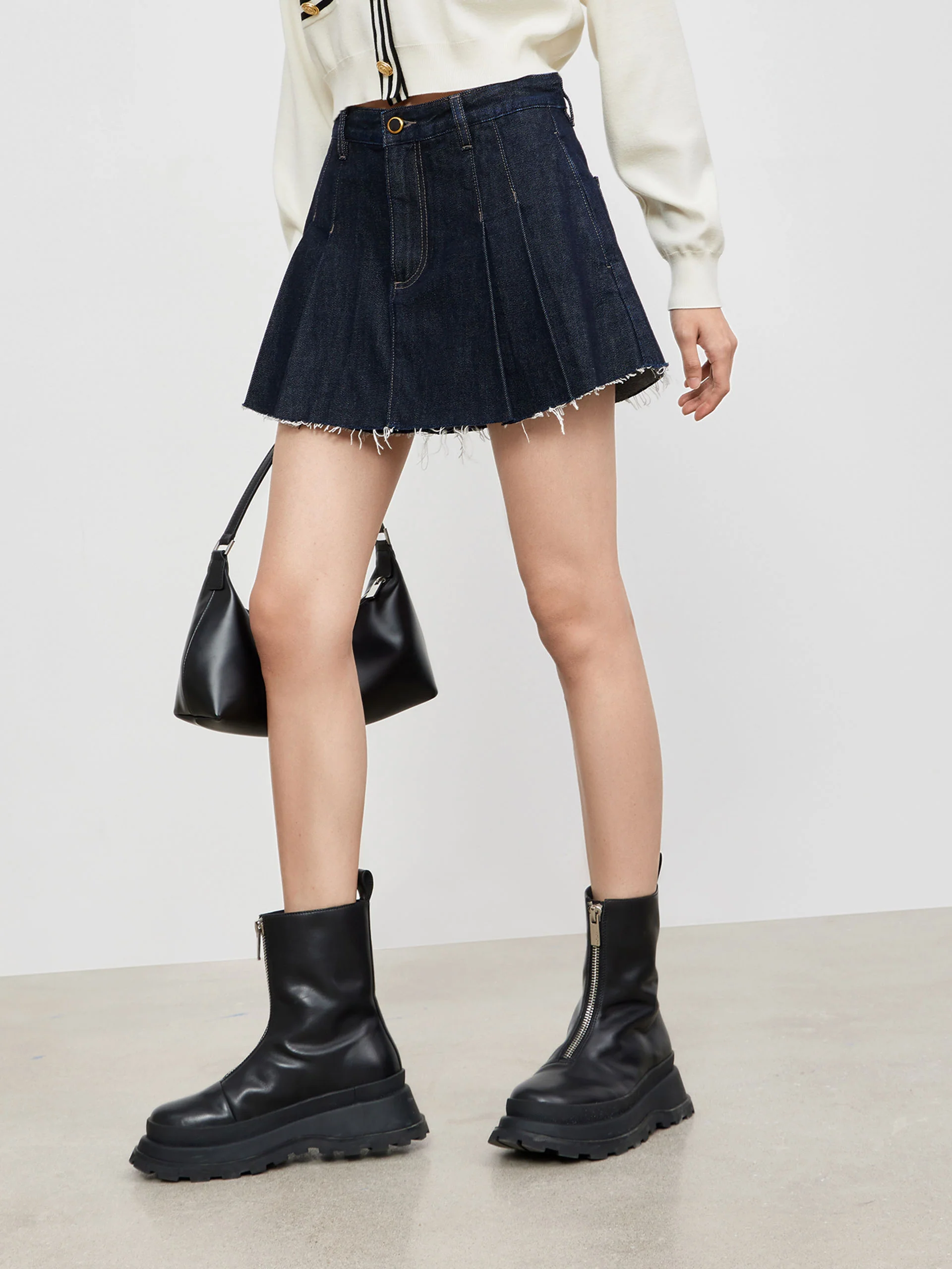 High Waist Pleated Denim Culottes - Image 4