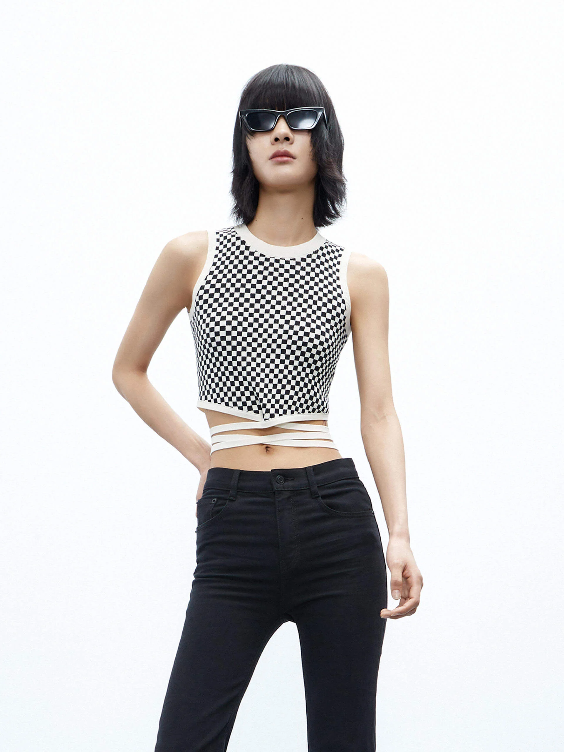 Tie Detail Checkered Tank Top - Image 6